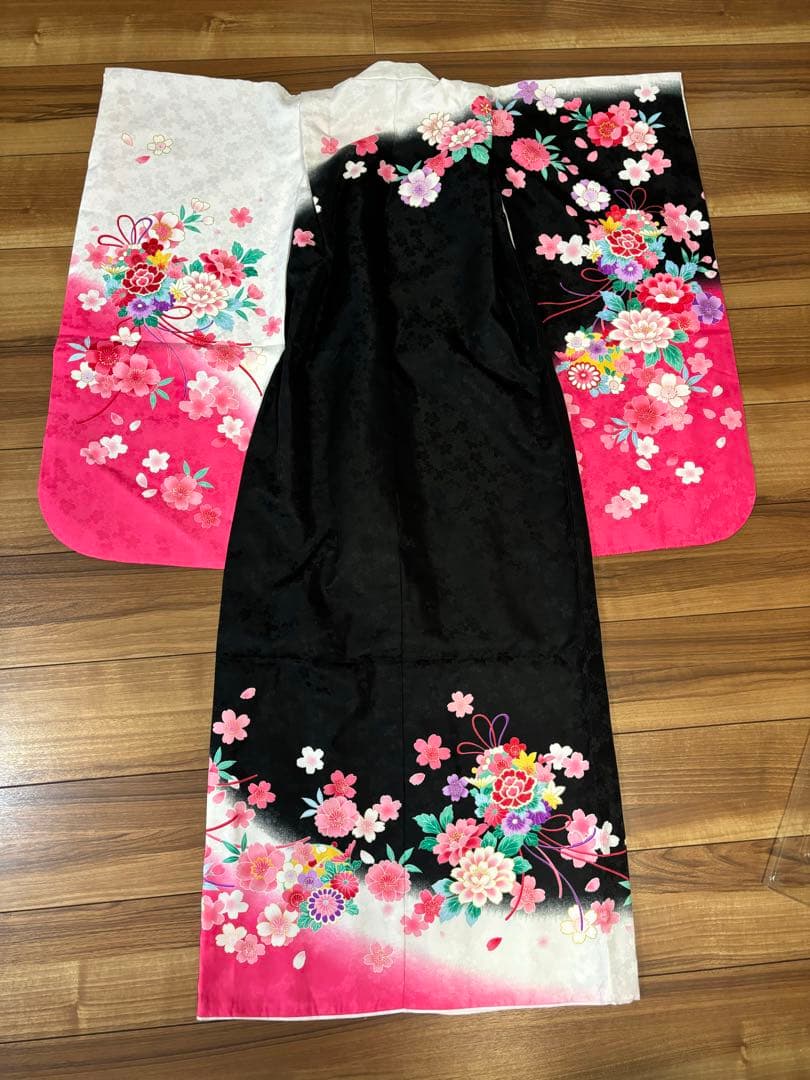 七五三　着物　女の子　桜　黒　ピンク　白　7歳　セット