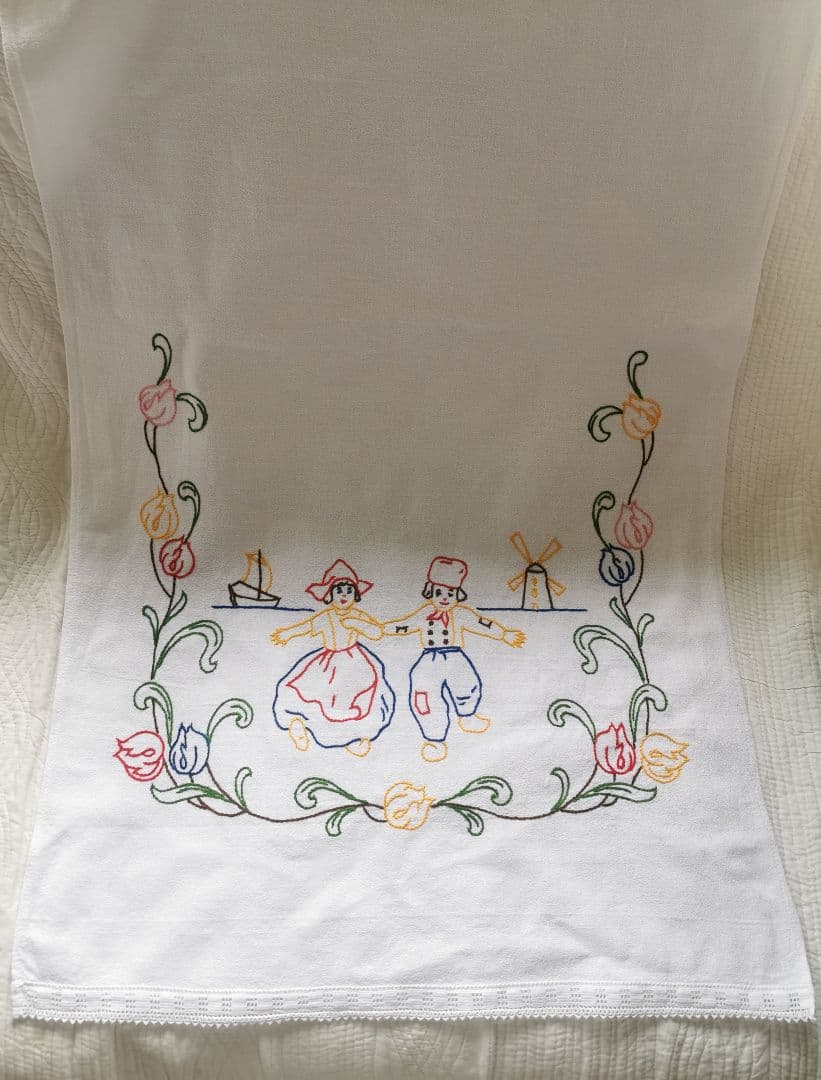 アンティーク オランダ 子供＆チューリップ色糸刺繍クロス ドアカーテン 幕パネル