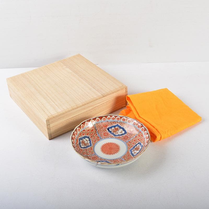 伊万里焼　古伊万里　奇玉珍玩款　赤絵金彩　花文皿　金継直し　桐箱　V　R5889