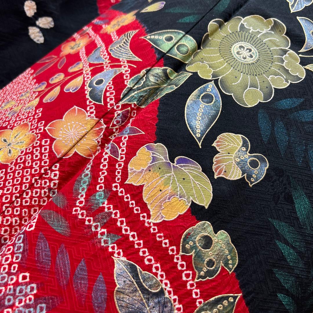 341 振袖フルセット 正絹 赤 黒 金 絞り 辻が花 金彩 駒刺繍 染め分け