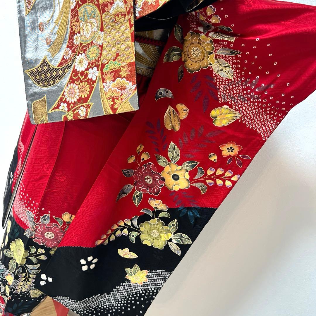 341 振袖フルセット 正絹 赤 黒 金 絞り 辻が花 金彩 駒刺繍 染め分け