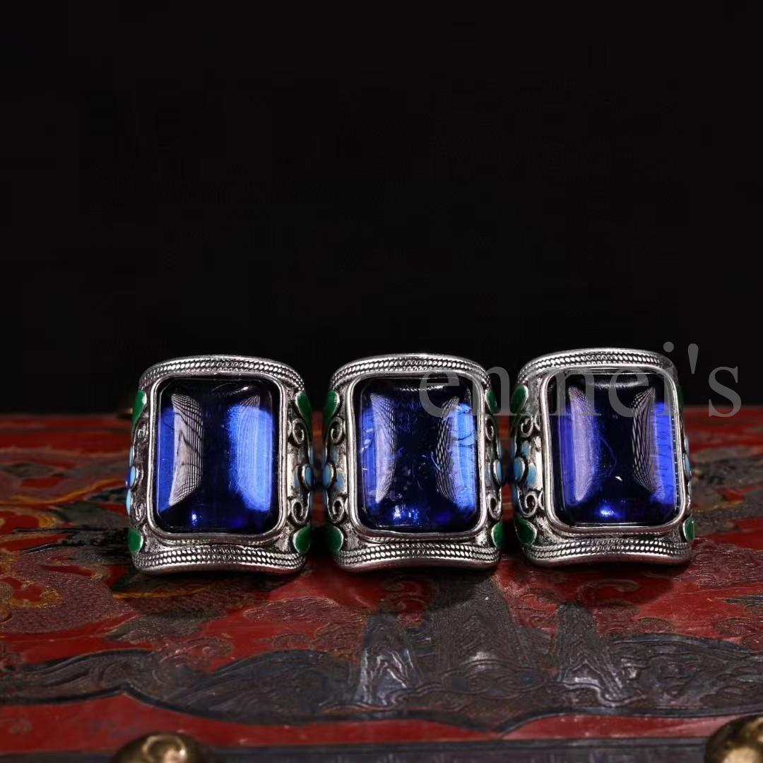 中国古美術・青色宝石風シルバーリング10個セット（1箱）・工芸品・装飾品・箱付
