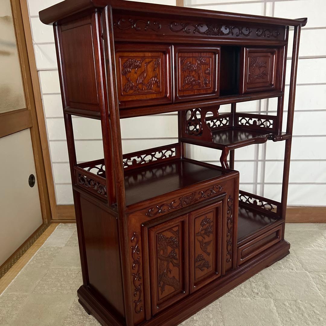 【美品】違い棚　紫檀　松と鶴模様　和家具 茶箪笥 唐木 昭和レトロ