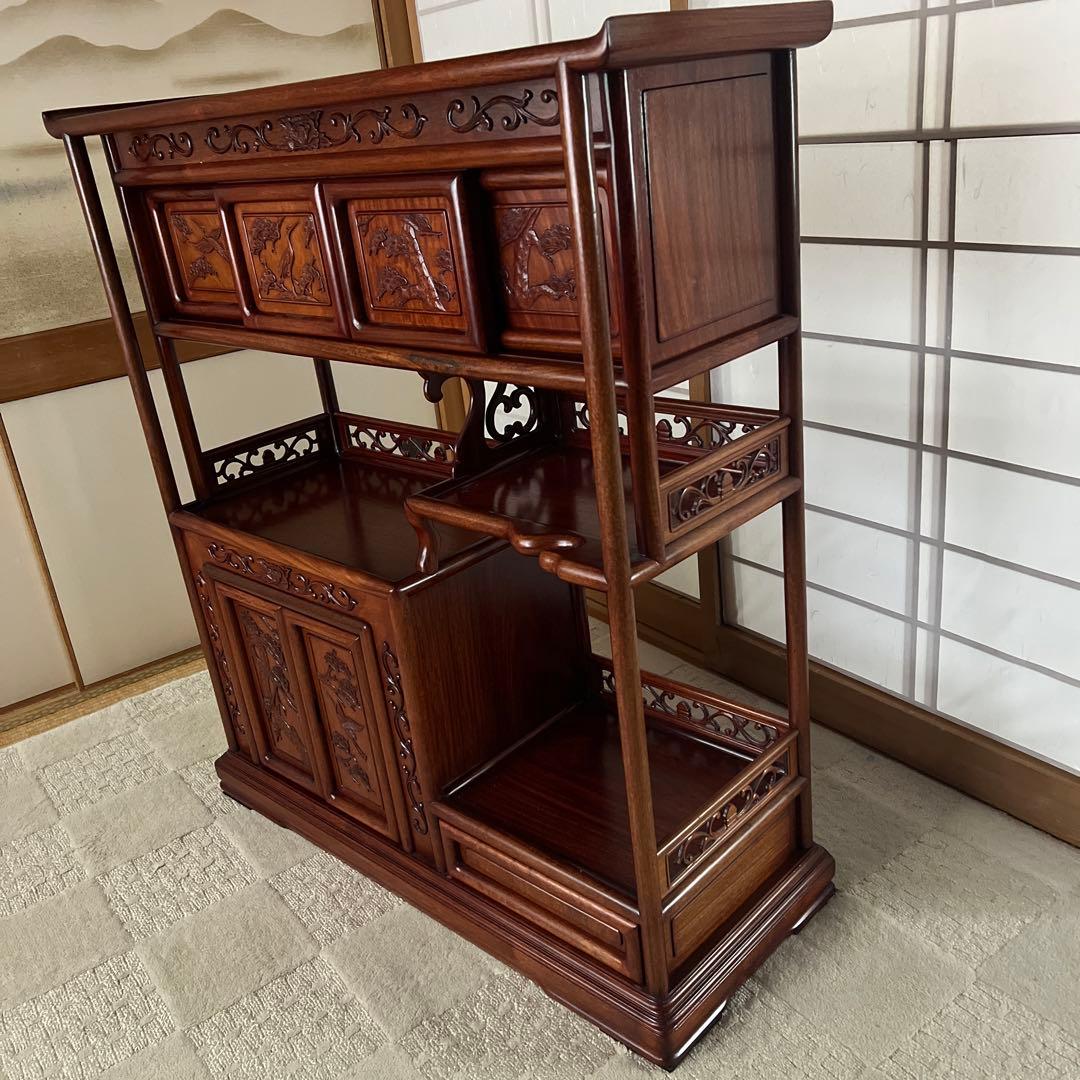 【美品】違い棚　紫檀　松と鶴模様　和家具 茶箪笥 唐木 昭和レトロ