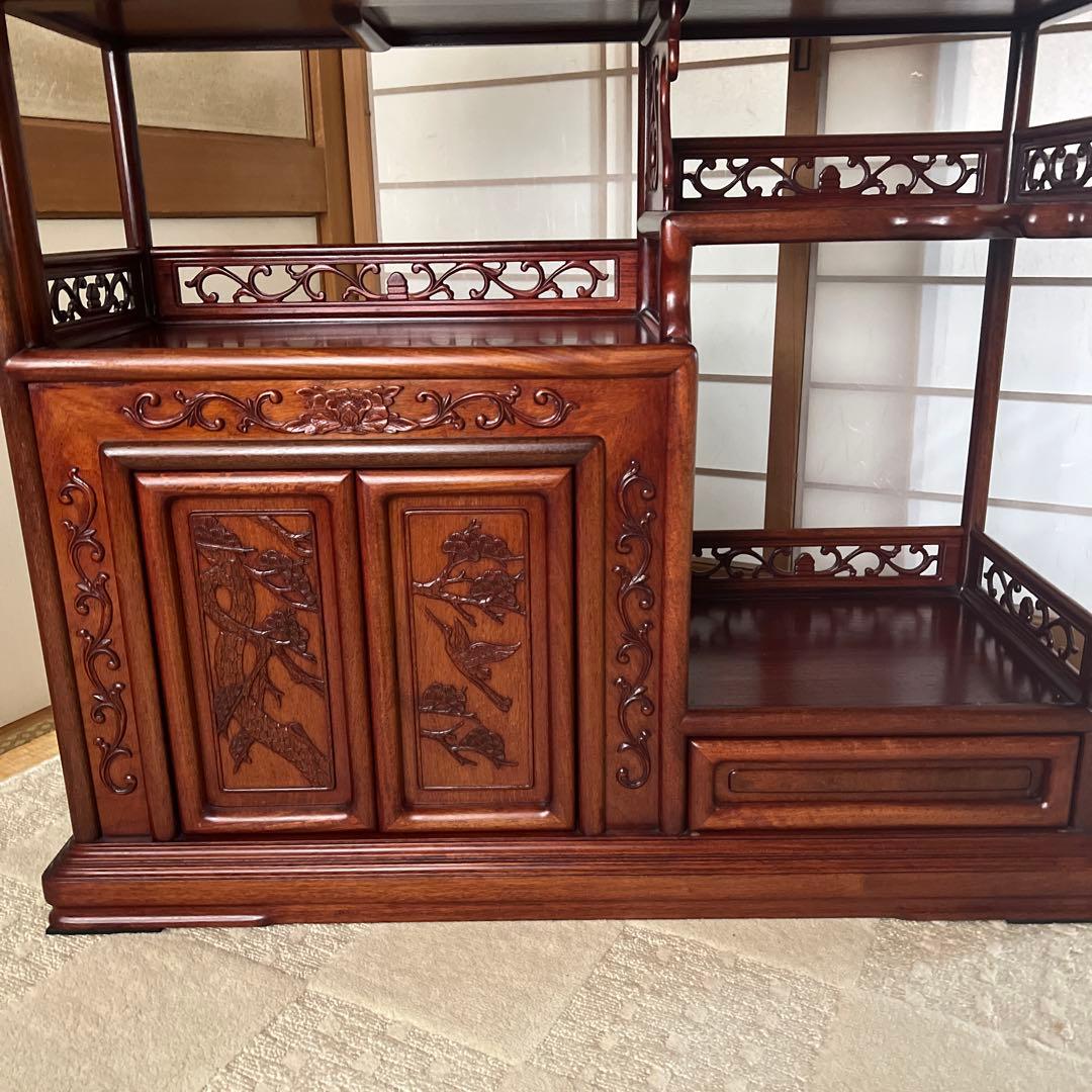 【美品】違い棚　紫檀　松と鶴模様　和家具 茶箪笥 唐木 昭和レトロ