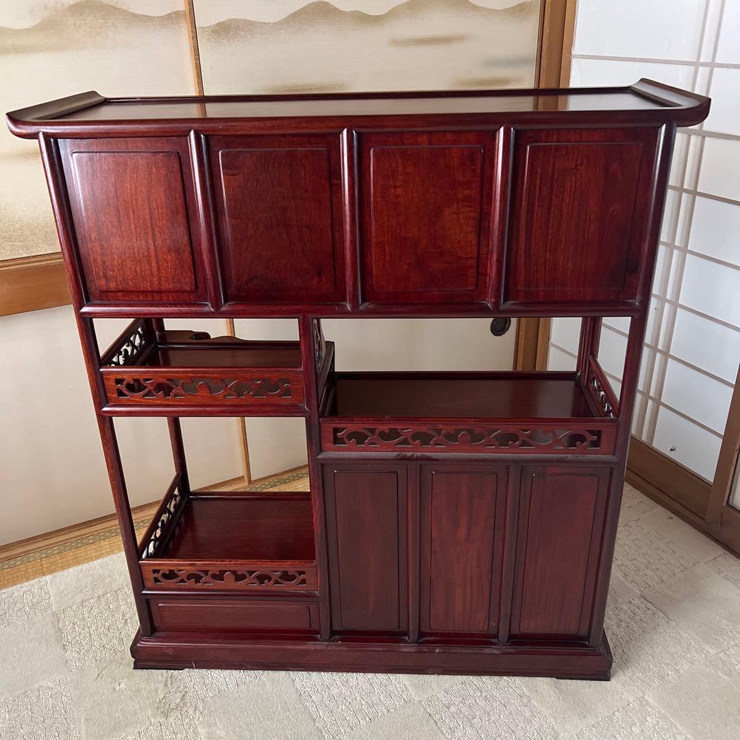 【美品】違い棚　紫檀　松と鶴模様　和家具 茶箪笥 唐木 昭和レトロ