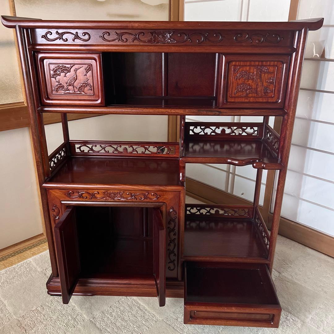 【美品】違い棚　紫檀　松と鶴模様　和家具 茶箪笥 唐木 昭和レトロ