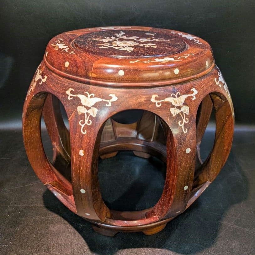 螺鈿 細工 唐木 花梨 花台 丸椅子 スツール 高級家具 中国美術 李朝 飾り台