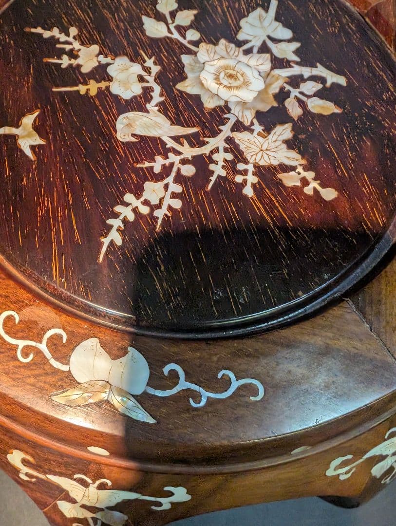 螺鈿 細工 唐木 花梨 花台 丸椅子 スツール 高級家具 中国美術 李朝 飾り台