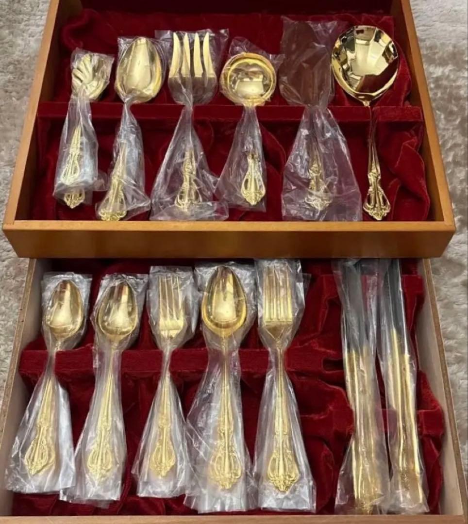 【未使用】サンクラフト 24金仕上げ カトラリーセット 55点 8客用 木箱付