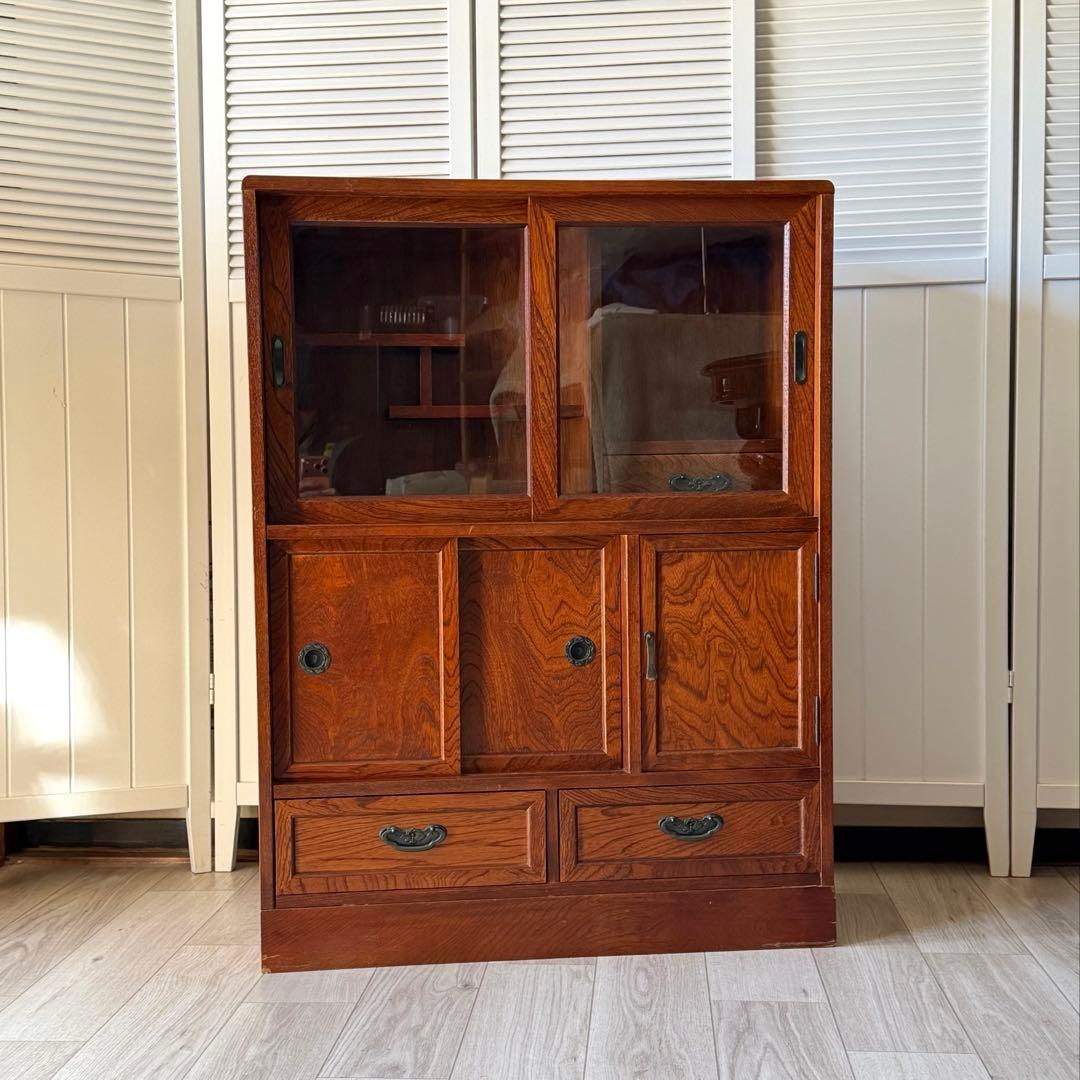 欅材 水屋箪笥 茶箪笥 ガラス飾り棚 レトロ 木製 アンティーク 日本製 古家具