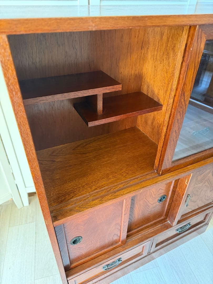 欅材 水屋箪笥 茶箪笥 ガラス飾り棚 レトロ 木製 アンティーク 日本製 古家具