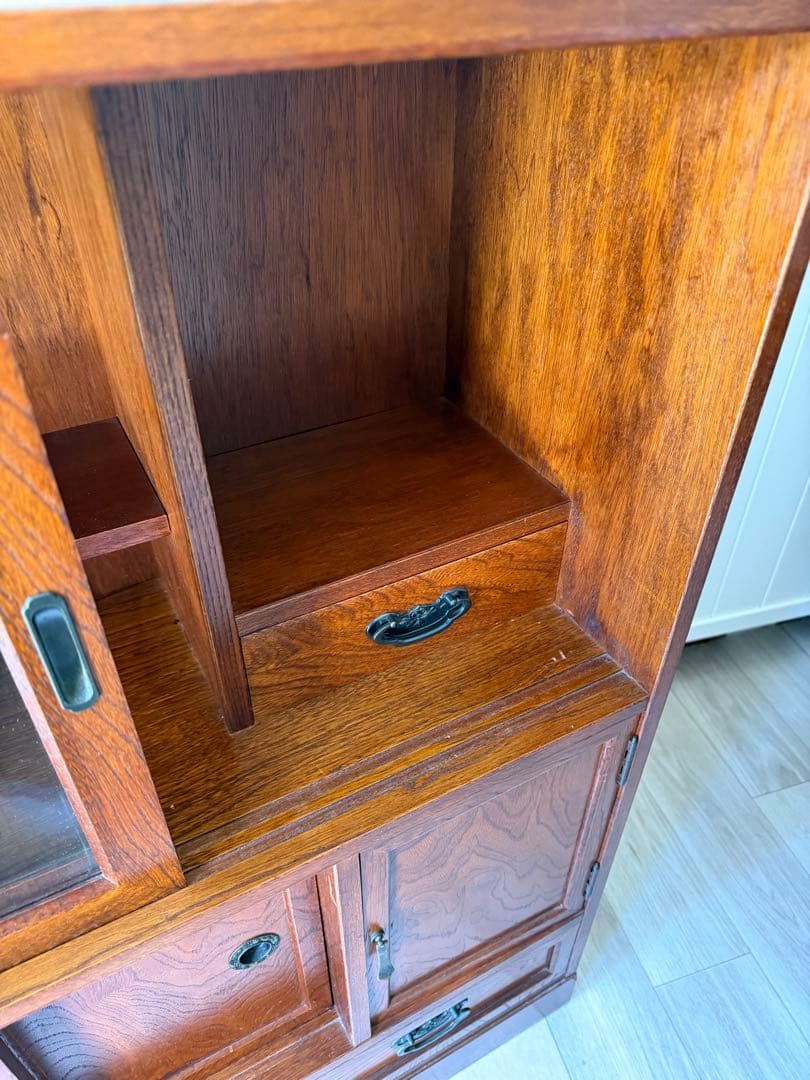 欅材 水屋箪笥 茶箪笥 ガラス飾り棚 レトロ 木製 アンティーク 日本製 古家具