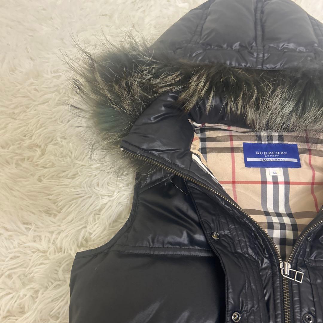 極美品　バーバリー ブルーレーベル ダウン ベスト メガチェック リアルファー