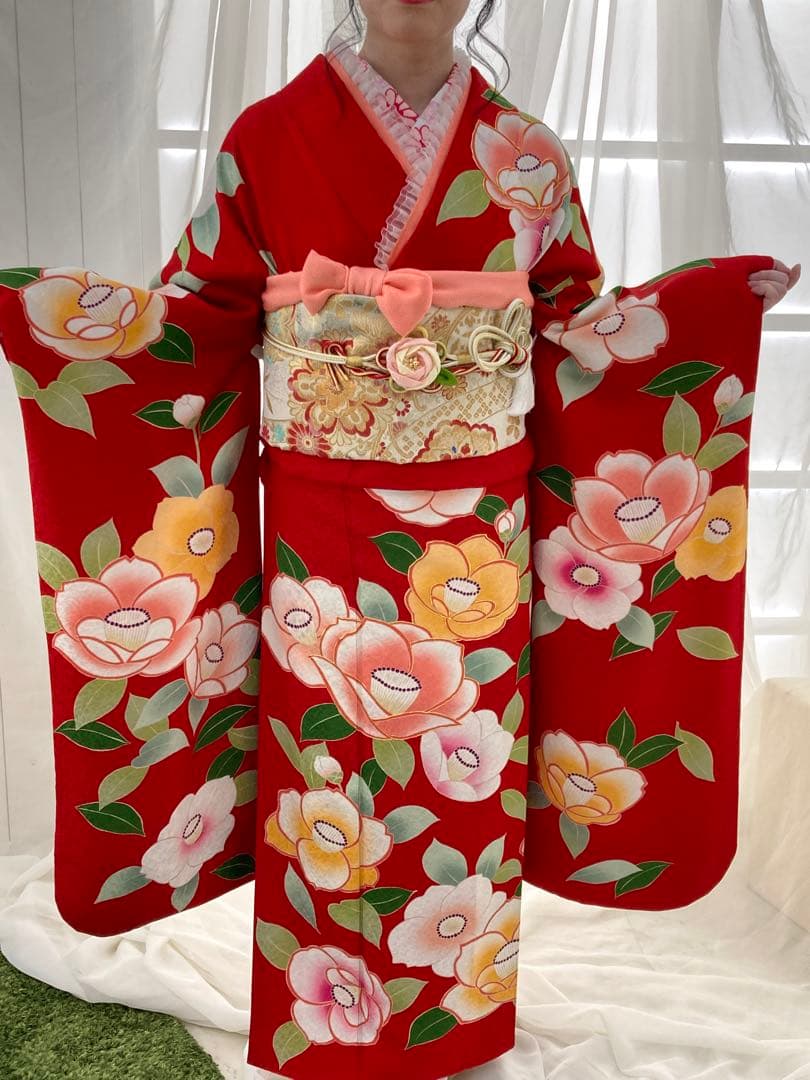 振袖フルセット　赤　椿