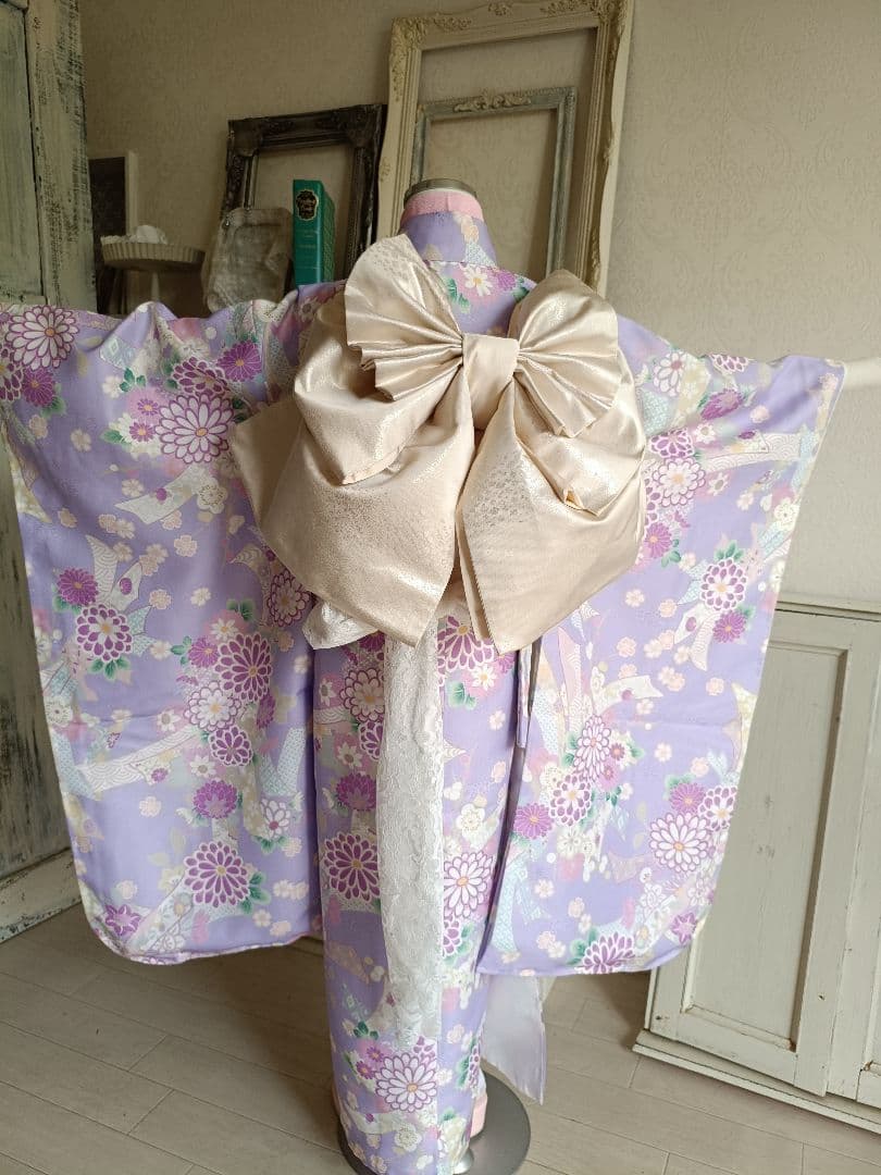 新品着物☆薄い紫の着物☆白作り帯フルセット