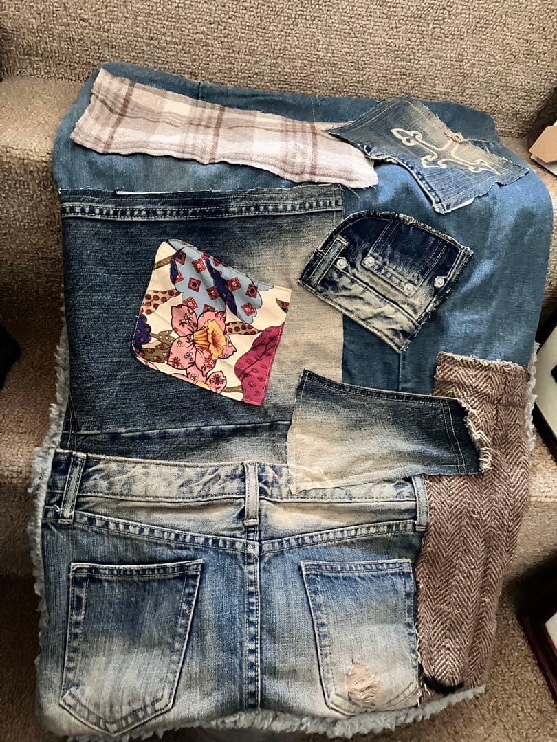 ハンドメイドブランケット　膝掛け　リサイクルデニム パッチワークご確認用