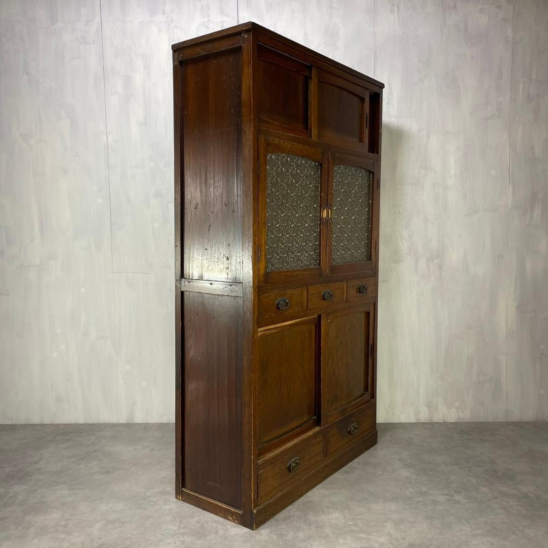 ヴィンテージ ダイヤガラス 食器棚 水屋箪笥 飾り棚 収納 和家具 昭和レトロ