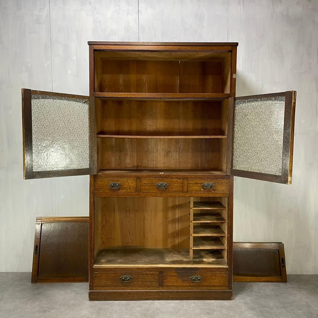 ヴィンテージ ダイヤガラス 食器棚 水屋箪笥 飾り棚 収納 和家具 昭和レトロ