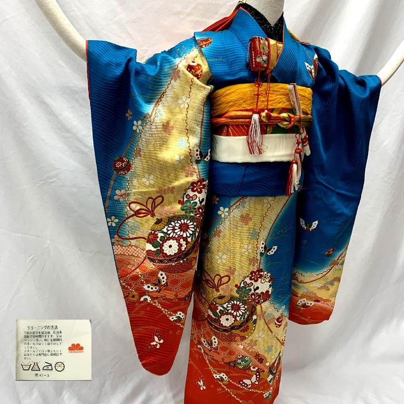 507ag60□七五三 七歳 女児 着物&袋帯 金彩 鈴 蝶□状態良好