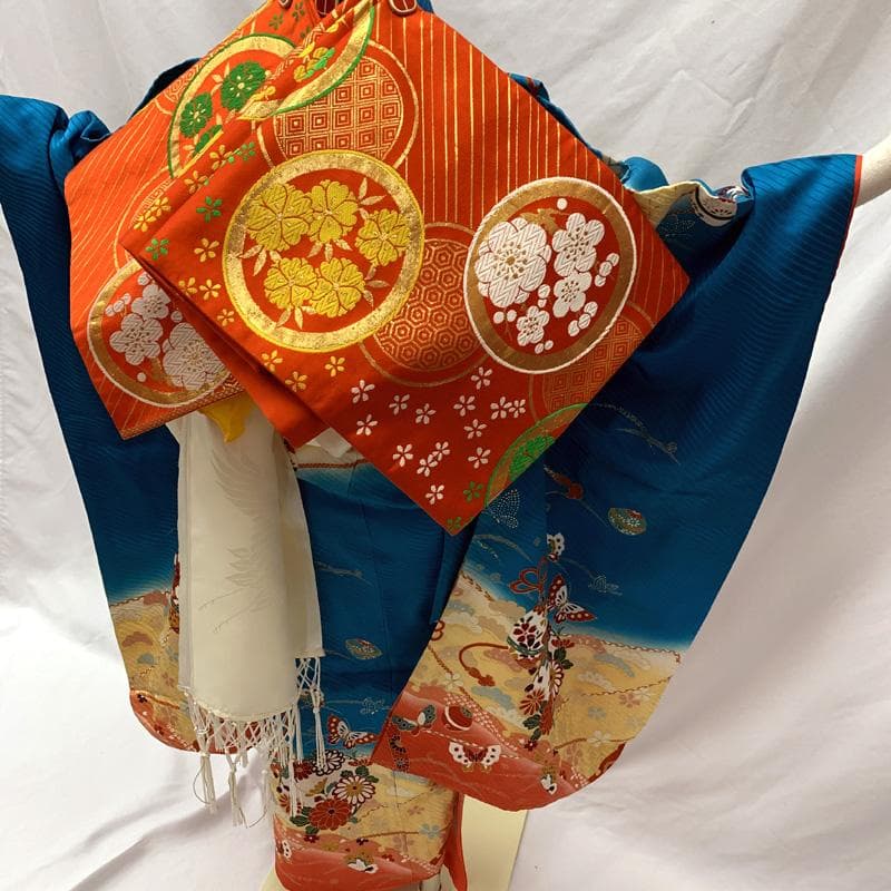 507ag60□七五三 七歳 女児 着物&袋帯 金彩 鈴 蝶□状態良好