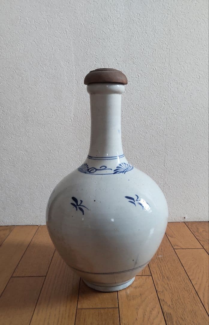 古い平清水焼　木製蓋付き　染付　大徳利