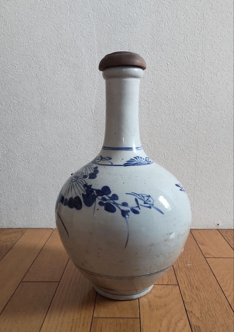 古い平清水焼　木製蓋付き　染付　大徳利