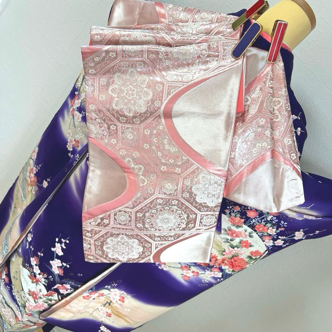 489 振袖フルセット 正絹 紺 ネイビー 青紫 桃 金彩 暈し染め 華やか