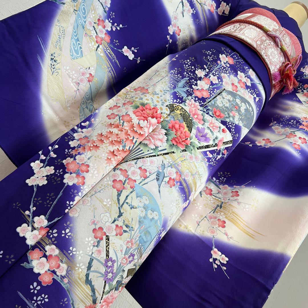 489 振袖フルセット 正絹 紺 ネイビー 青紫 桃 金彩 暈し染め 華やか