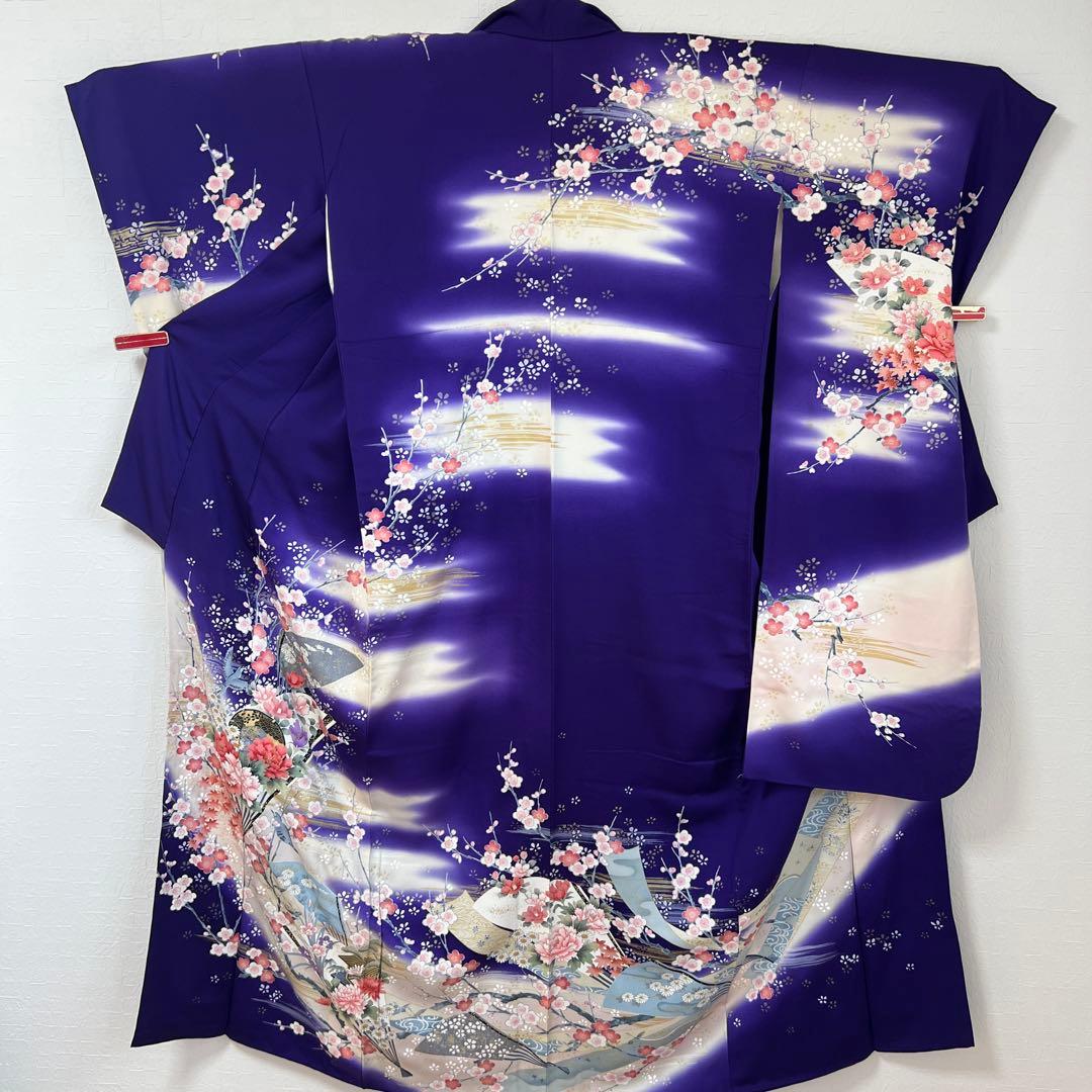 489 振袖フルセット 正絹 紺 ネイビー 青紫 桃 金彩 暈し染め 華やか