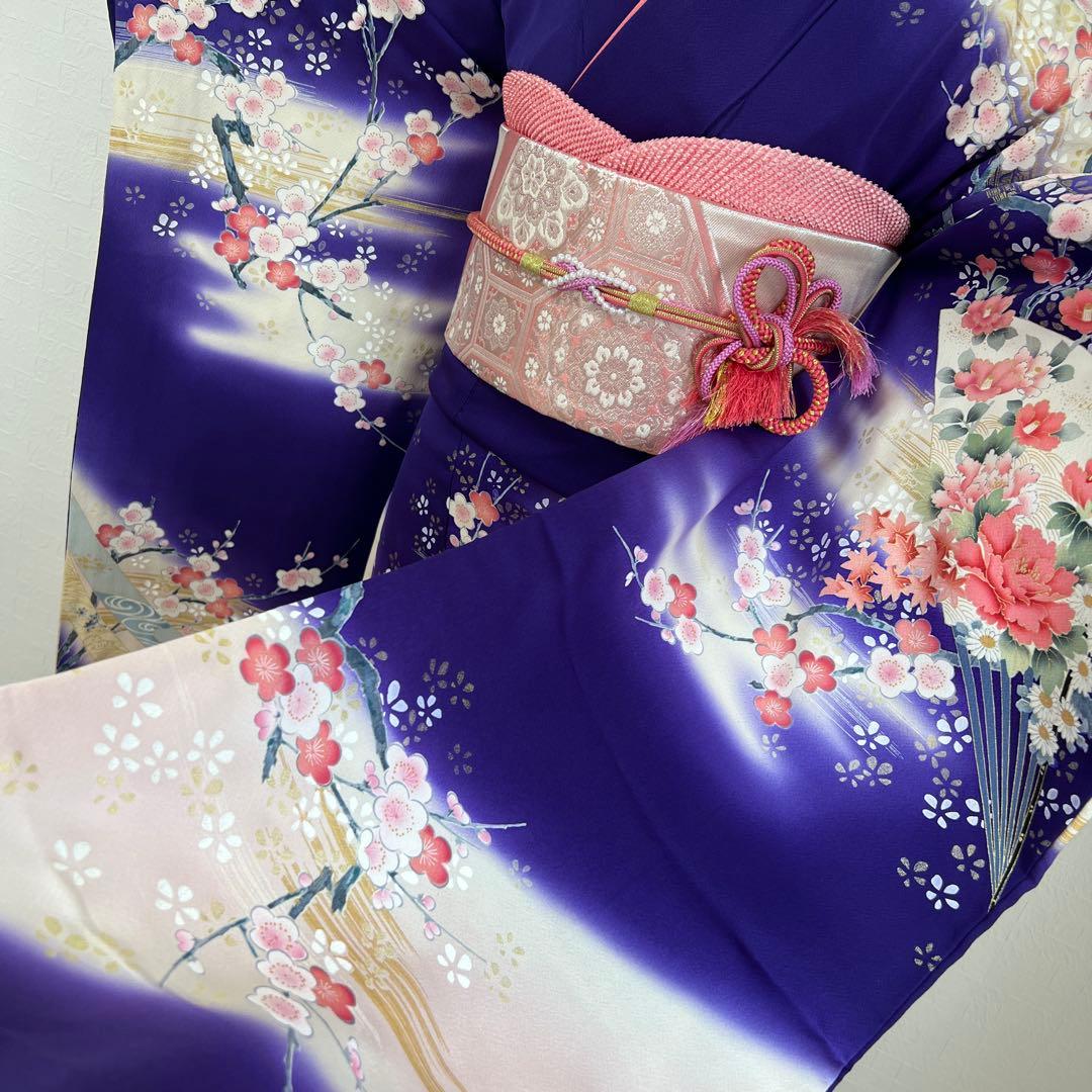 489 振袖フルセット 正絹 紺 ネイビー 青紫 桃 金彩 暈し染め 華やか