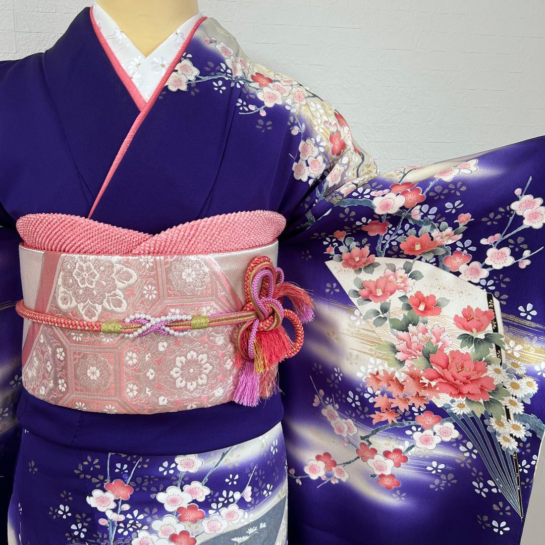 489 振袖フルセット 正絹 紺 ネイビー 青紫 桃 金彩 暈し染め 華やか