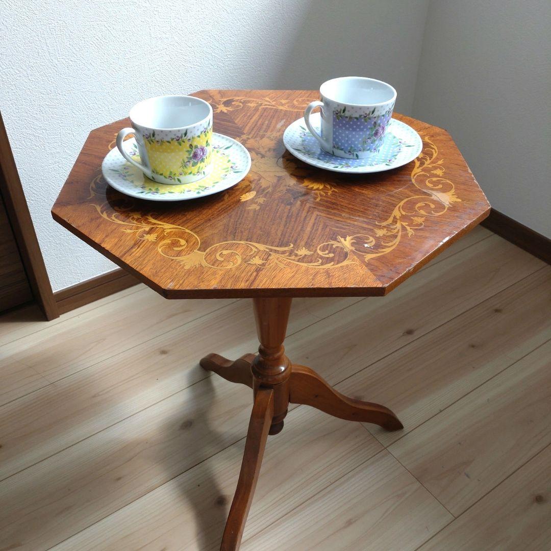 アンティーク 八角形 木製 テーブル 花模様の象嵌　カフェテーブル
