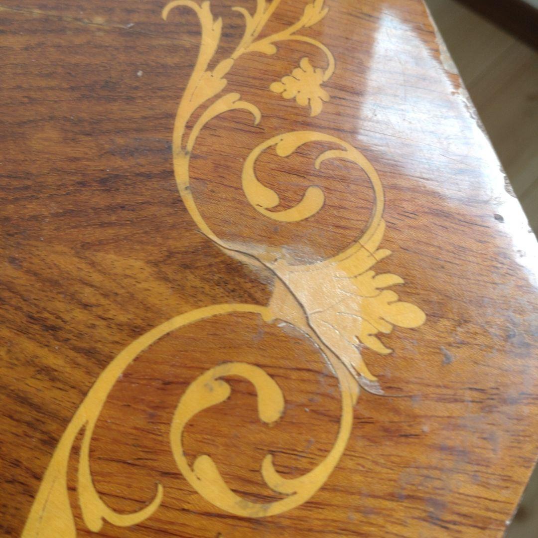 アンティーク 八角形 木製 テーブル 花模様の象嵌　カフェテーブル