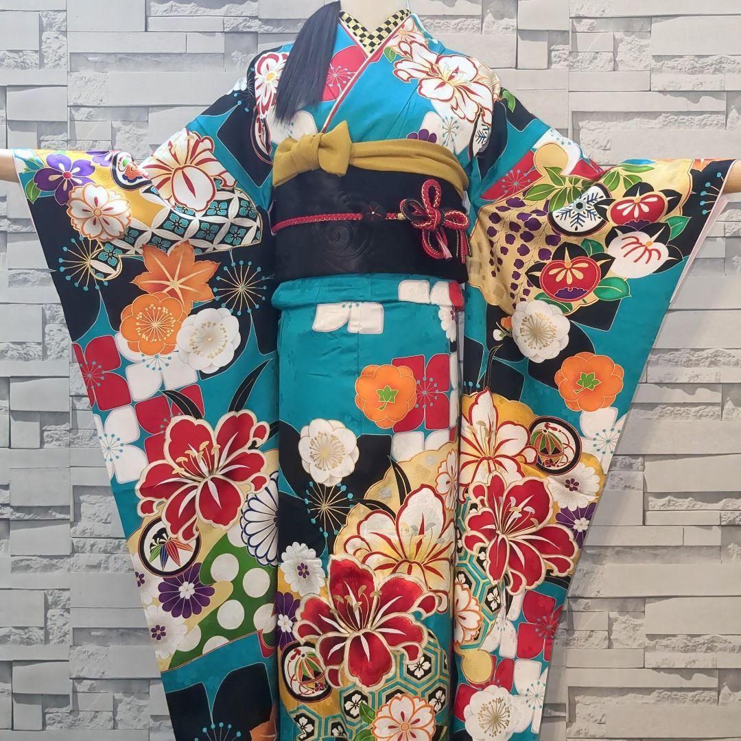 正絹振袖 駒刺繍 紫野 百合 金彩 振袖セット 振袖フルセット 青緑 81