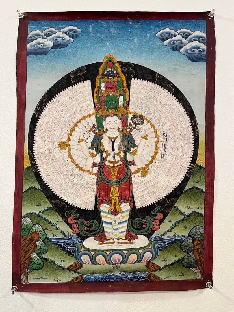 40年前のアンティーク 仏画 手書 タンカ 十一面千手千眼観世音菩薩 33x46