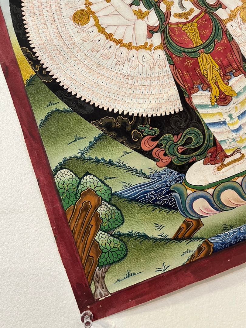 40年前のアンティーク 仏画 手書 タンカ 十一面千手千眼観世音菩薩 33x46