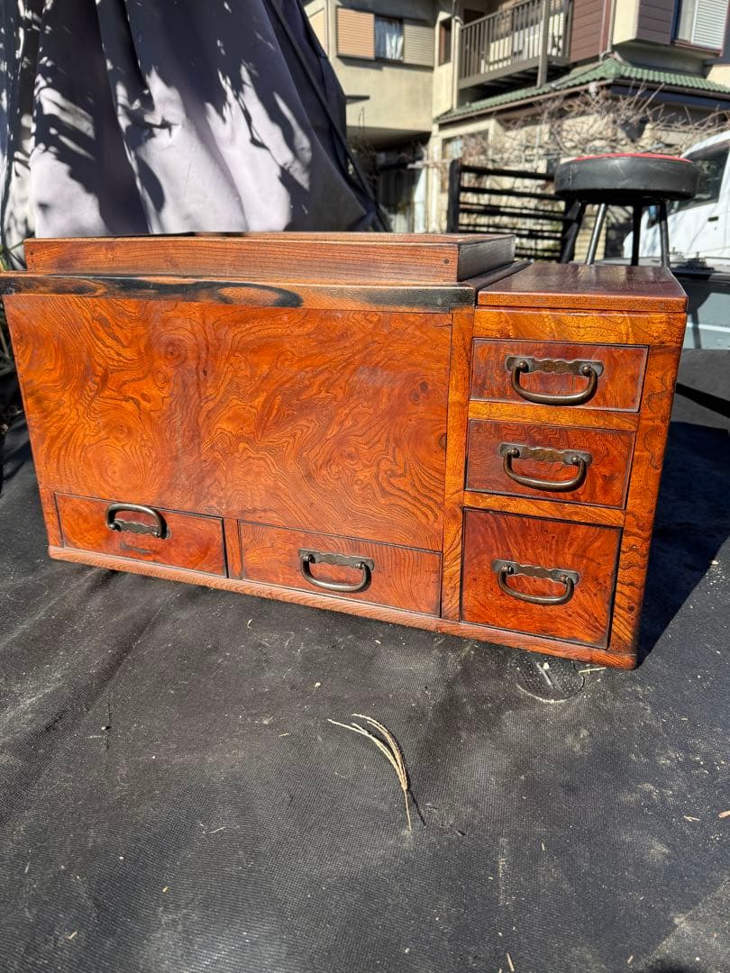 昭和初期 関東長火鉢 欅玉杢 木製 古民具 引き出し付 灰床 五徳 灰匙 猫板付