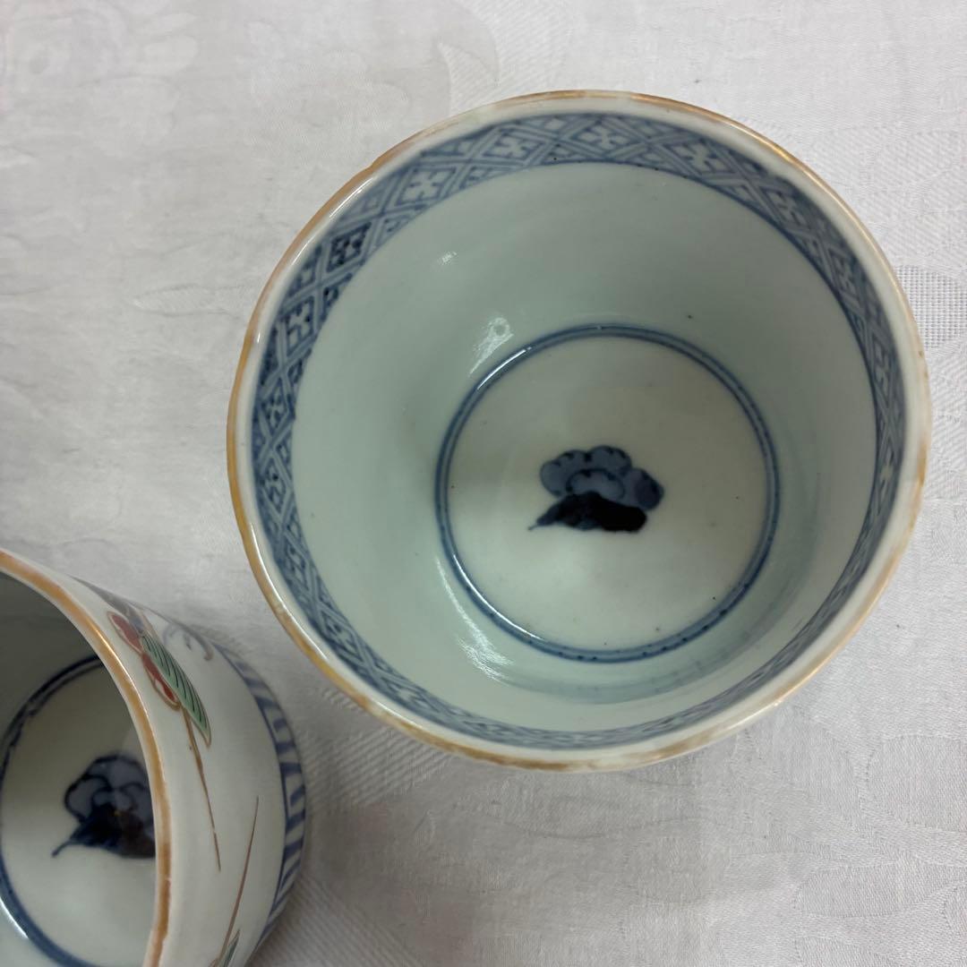 古伊万里 蕎麦猪口 金彩色絵 草花文5客 骨董品 アンティーク