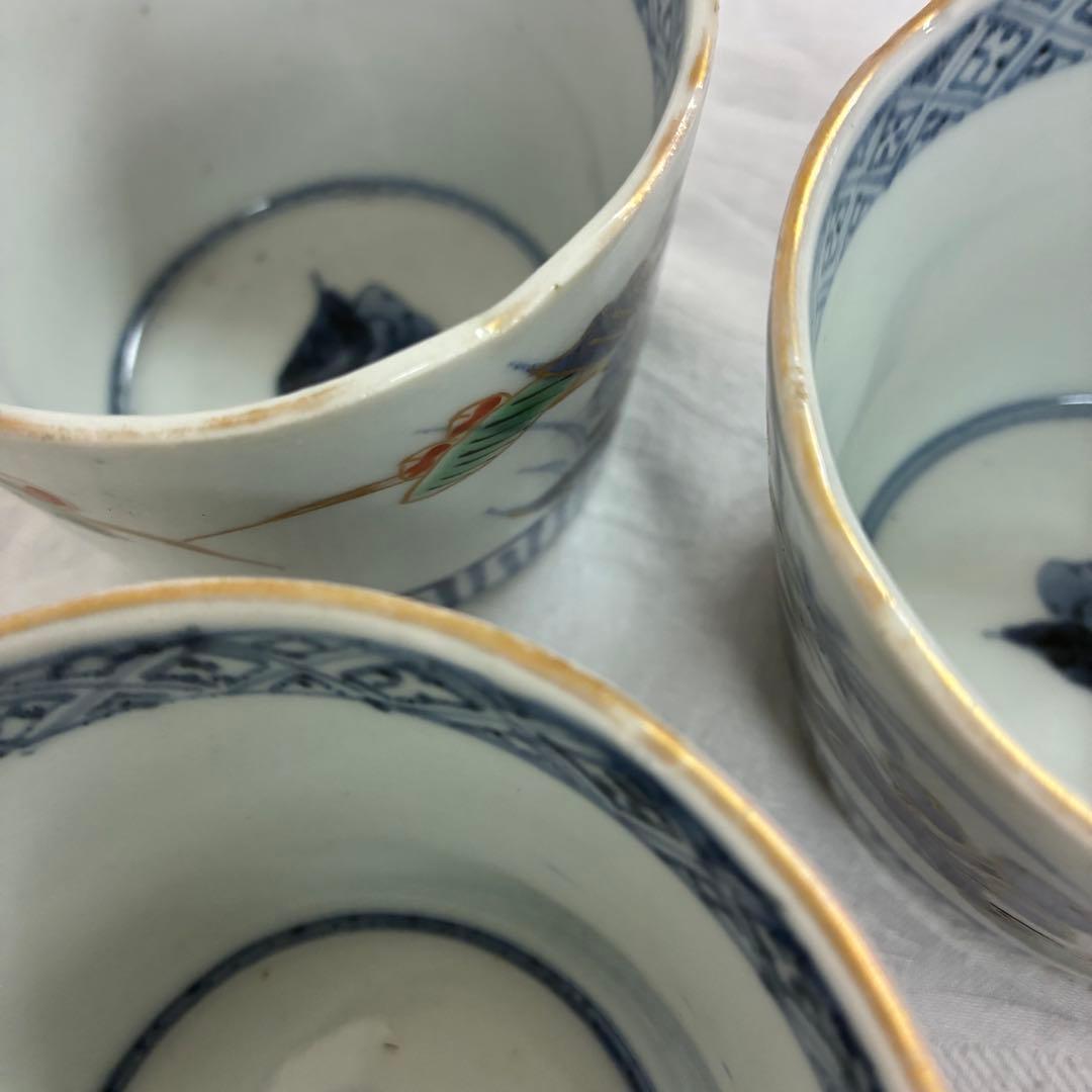 古伊万里 蕎麦猪口 金彩色絵 草花文5客 骨董品 アンティーク