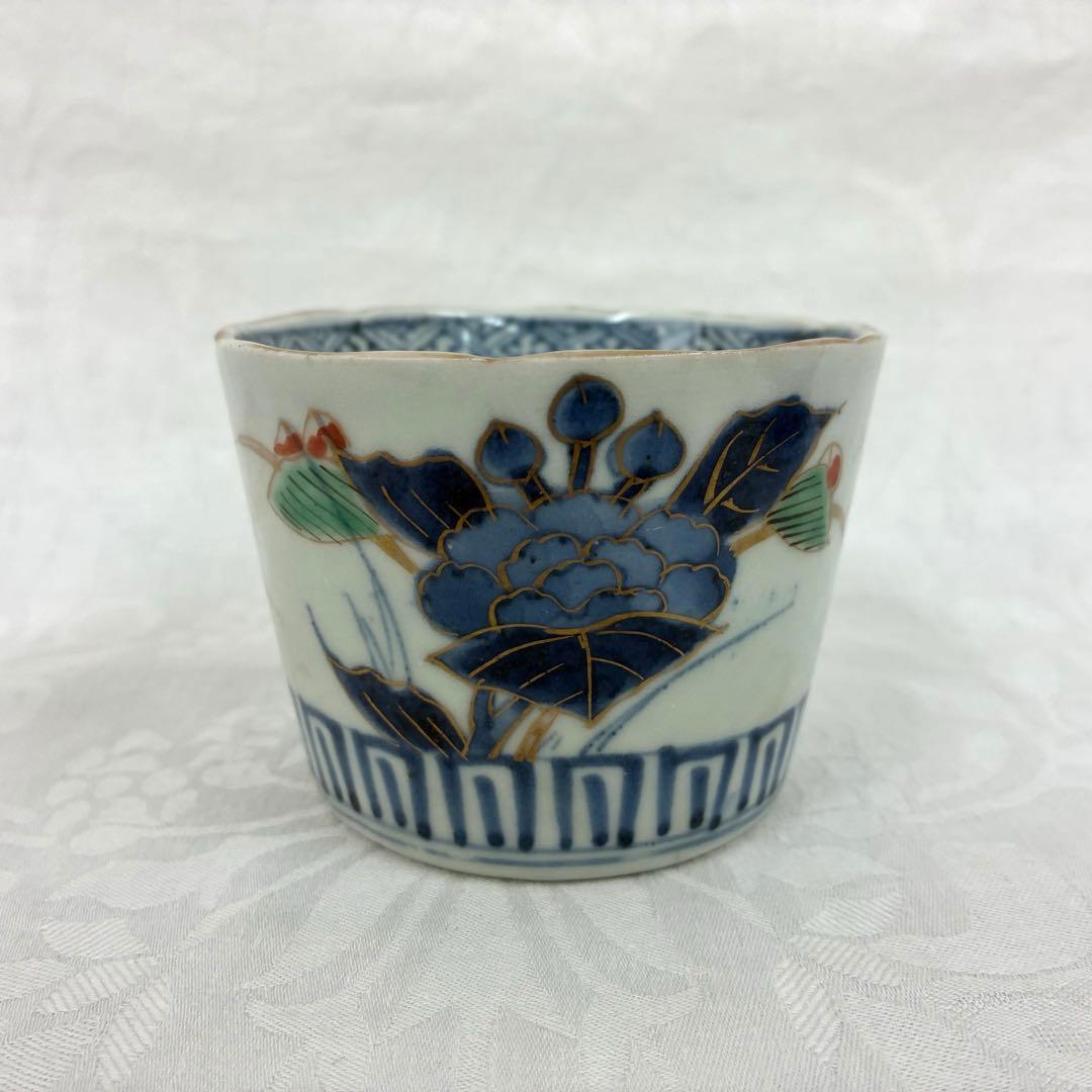 古伊万里 蕎麦猪口 金彩色絵 草花文5客 骨董品 アンティーク