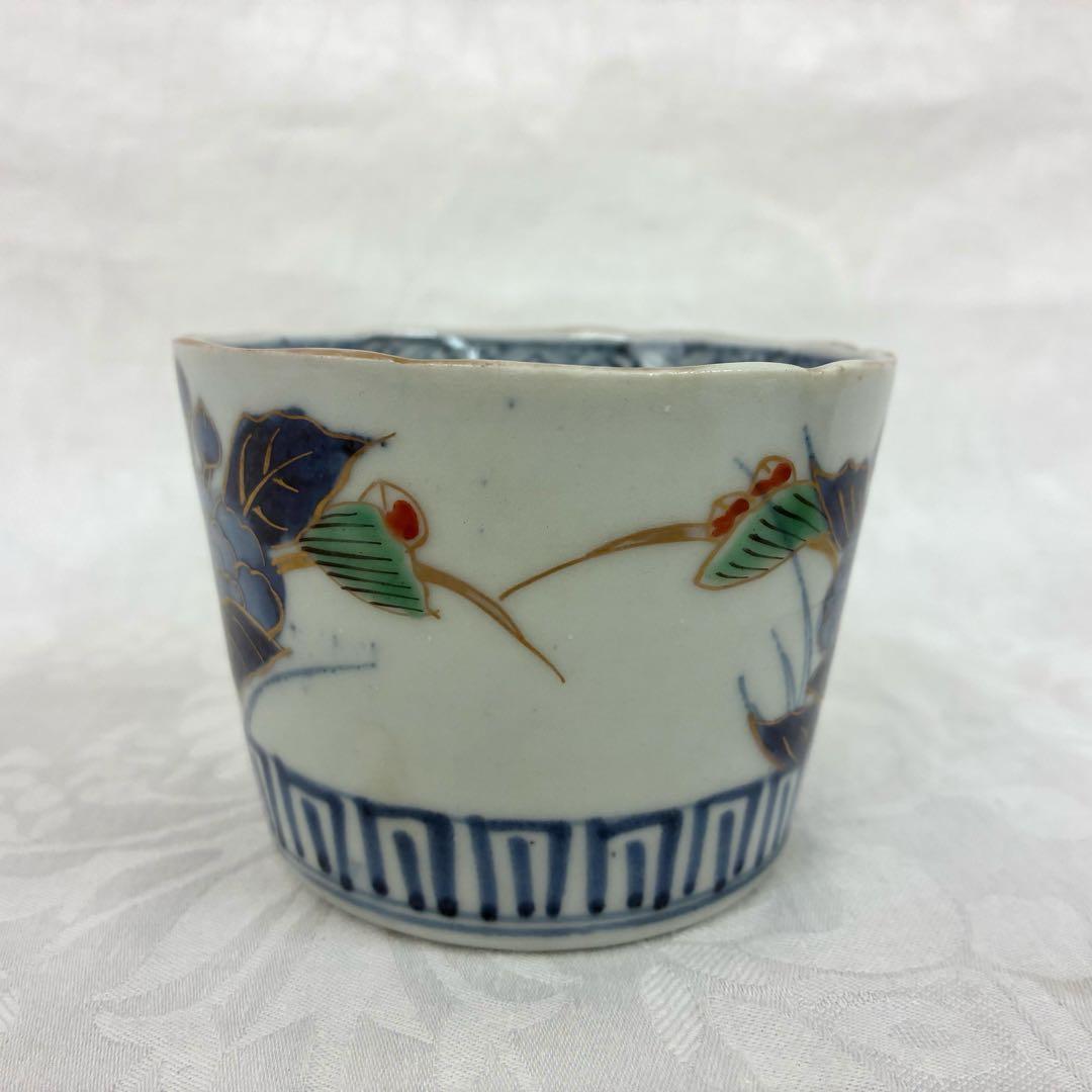 古伊万里 蕎麦猪口 金彩色絵 草花文5客 骨董品 アンティーク