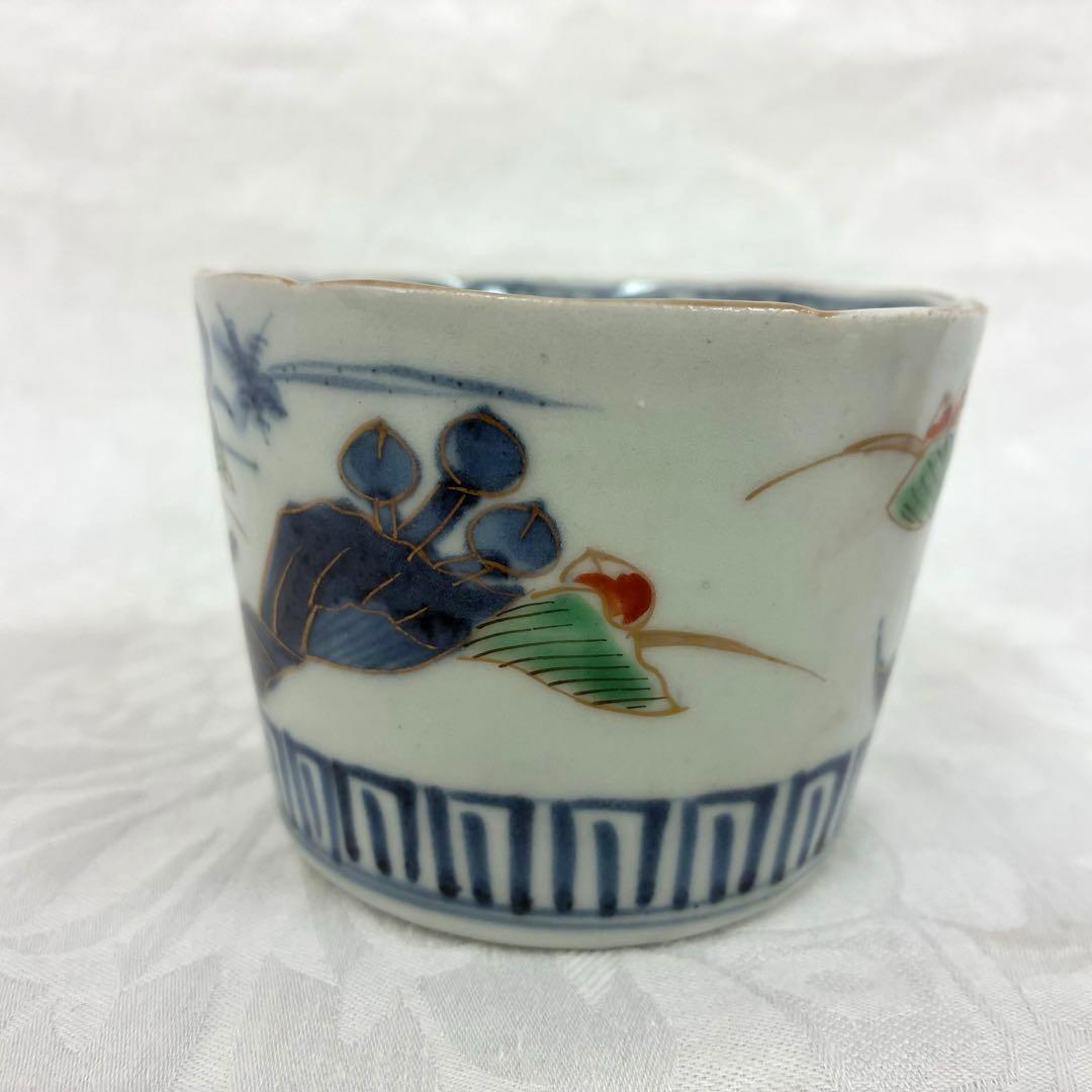 古伊万里 蕎麦猪口 金彩色絵 草花文5客 骨董品 アンティーク