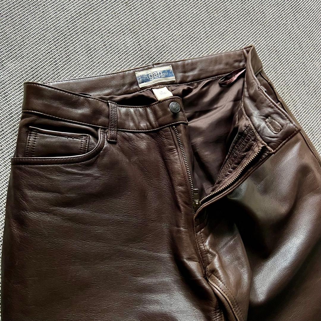 希少00's OLD GAP レザーパンツ　茶　ストレート　カニエウエストY2K