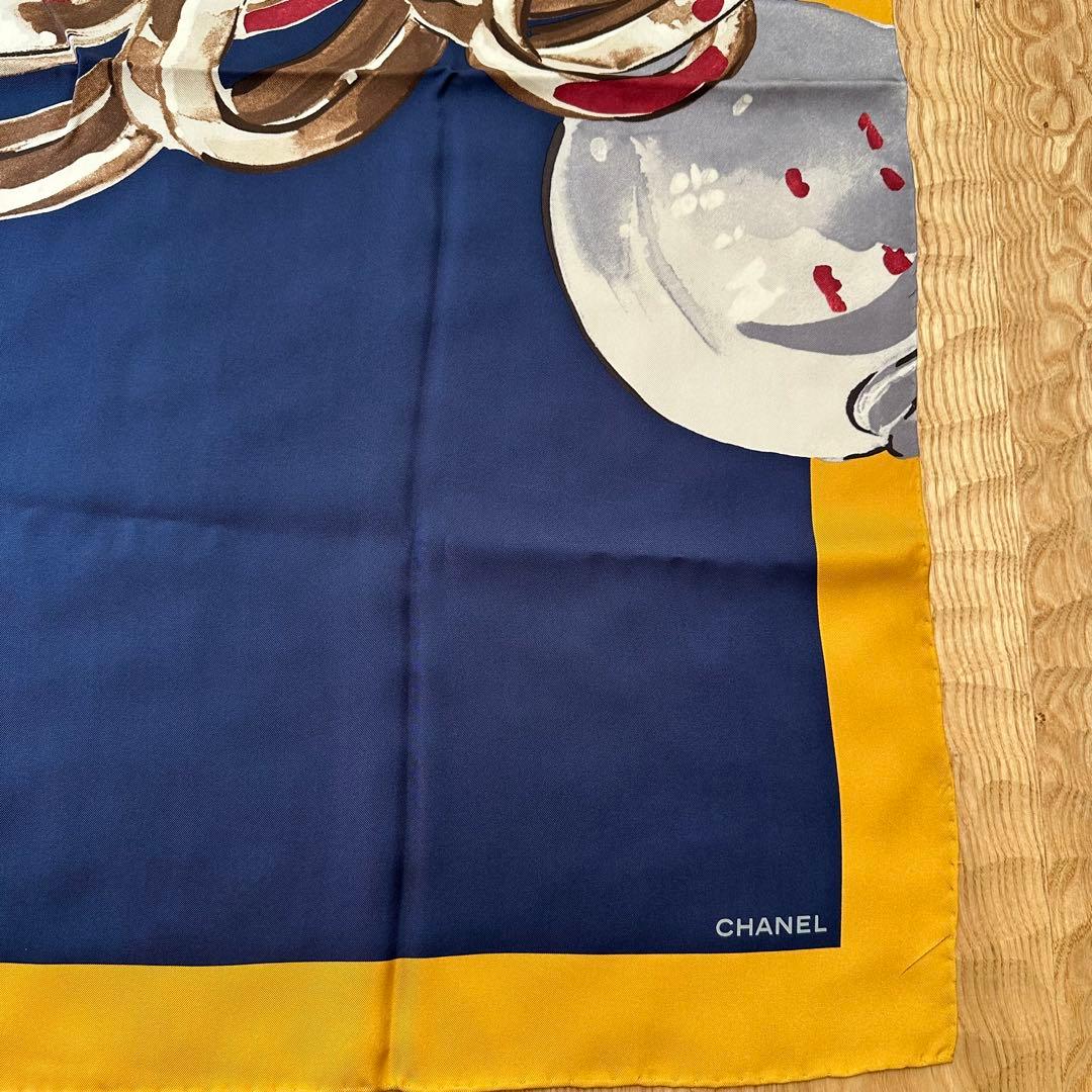 CHANEL シャネル　ココマーク　スカーフ シルク チェーン 紺