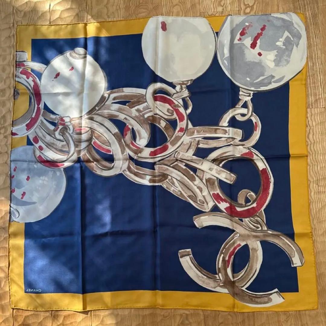 CHANEL シャネル　ココマーク　スカーフ シルク チェーン 紺