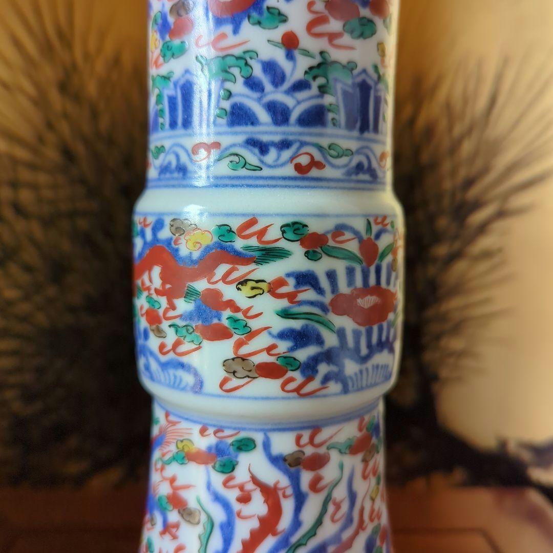 中国古美術　古玩　華道具　大明萬暦年製花器　花瓶　飾り壷　五彩色絵　雲龍鳳凰絵