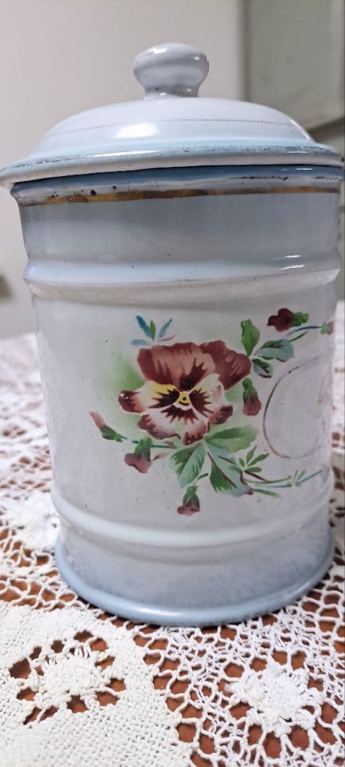 アンティークホーローキャニスター /パンジー柄