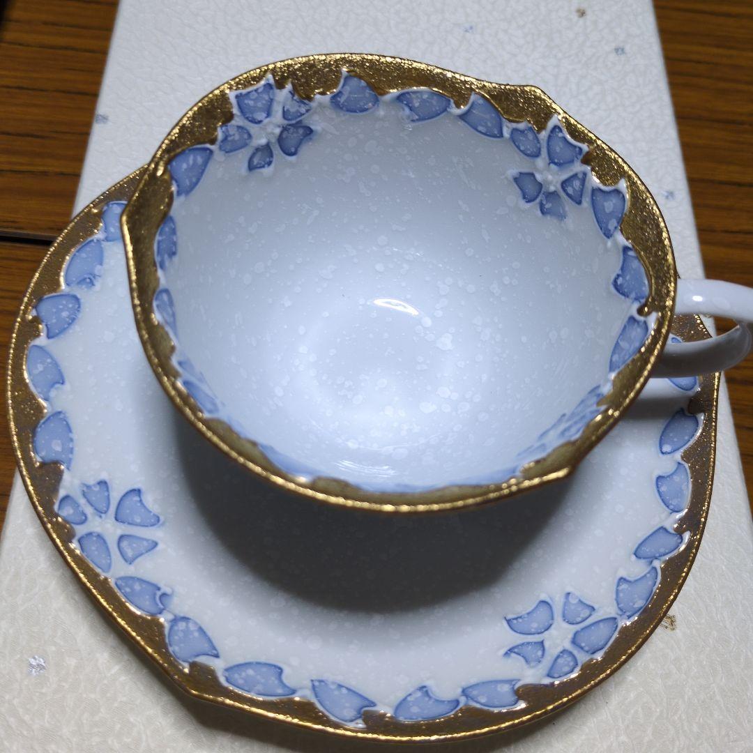 「有田焼 」「文山窯」「カップ&ソーサー」「 輪花」ゴールド「ピンクブルー」2客