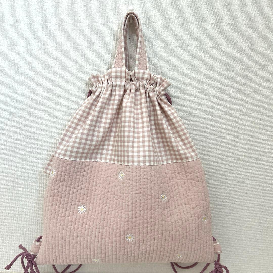 入園入学3点セット　【ピンクお花ヌビ×くすみピンク】　女の子　レッスンバッグ